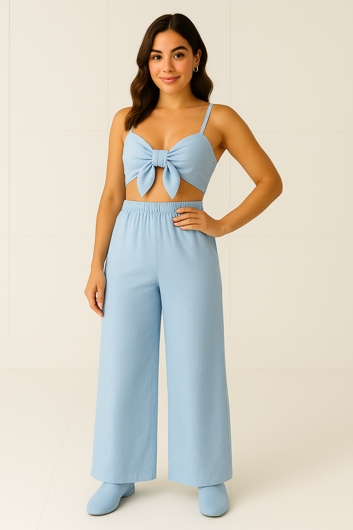 Conjunto Feminino  com Cropped Laço e Calça Pantalona