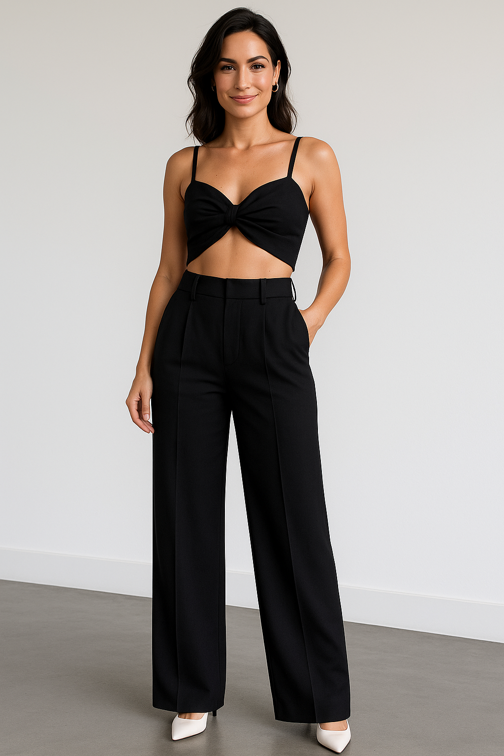 Conjunto com Cropped Torcido e Calça Pantalona Alfaiataria