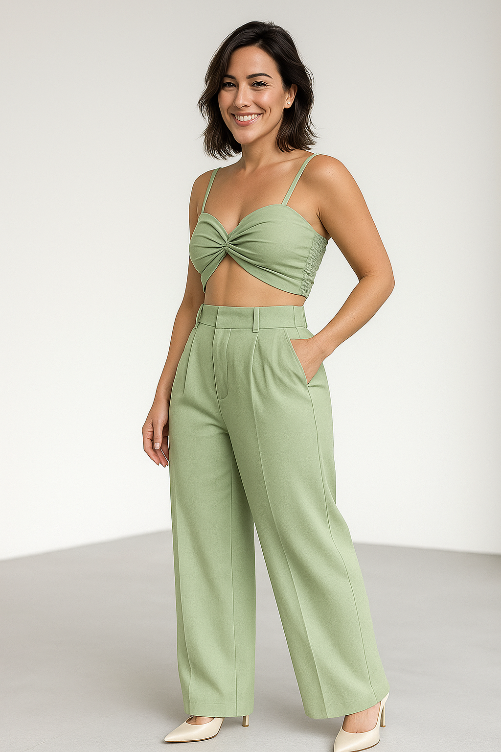 Conjunto com Cropped Torcido e Calça Pantalona Alfaiataria