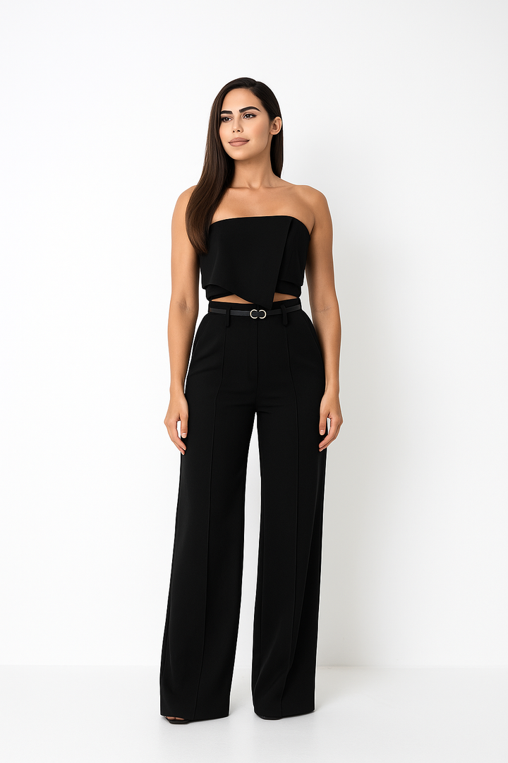 Conjunto com Cropped Tomara que Caia e Calça Pantalona Alfaiataria