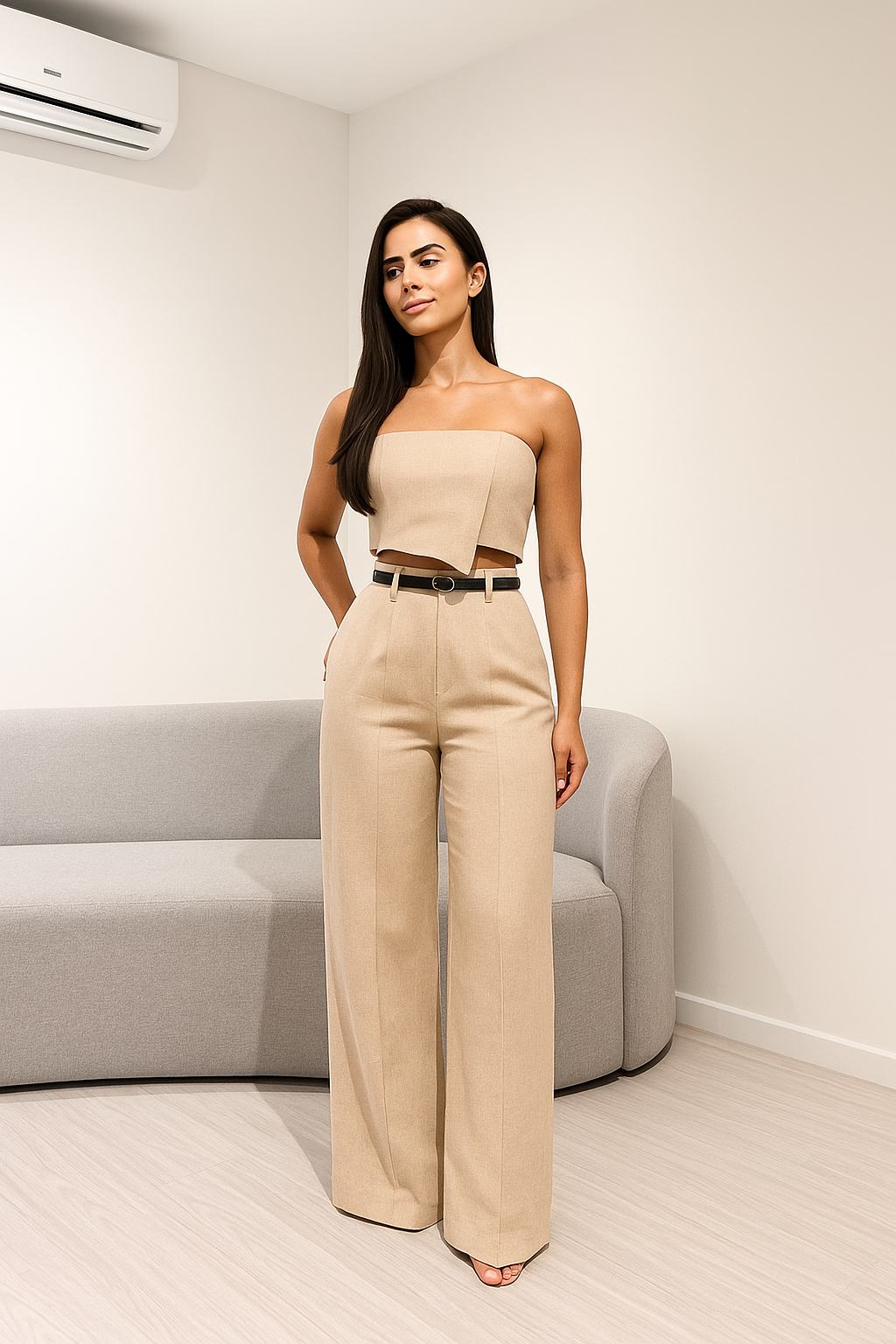 Conjunto com Cropped Tomara que Caia e Calça Pantalona Alfaiataria