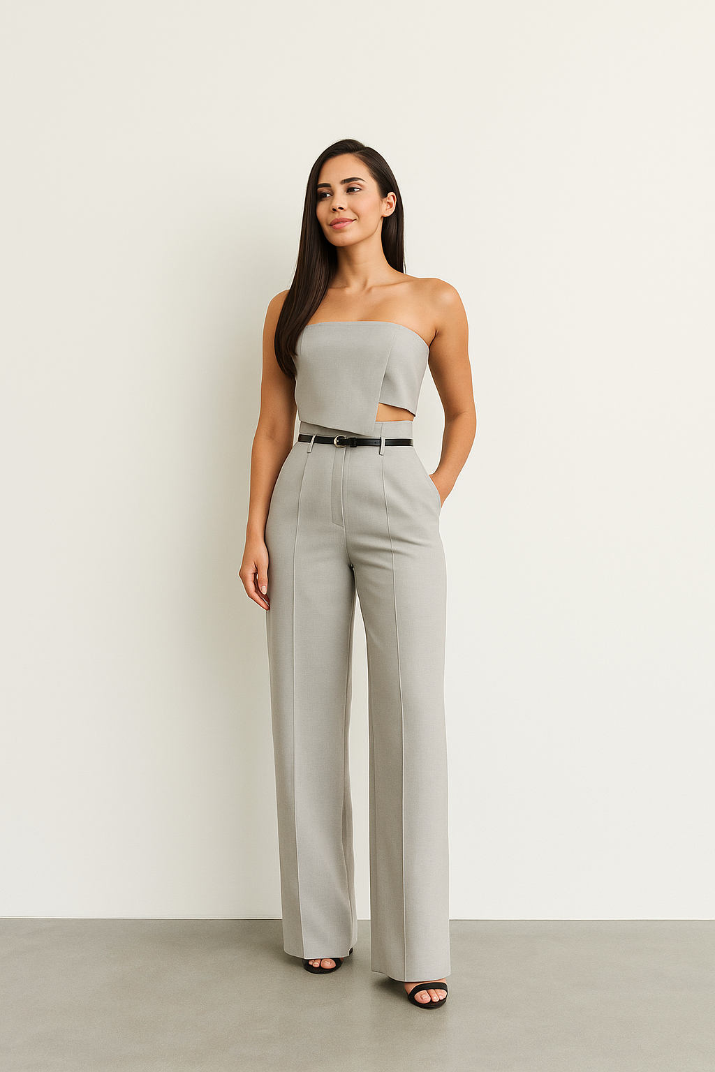 Conjunto com Cropped Tomara que Caia e Calça Pantalona Alfaiataria