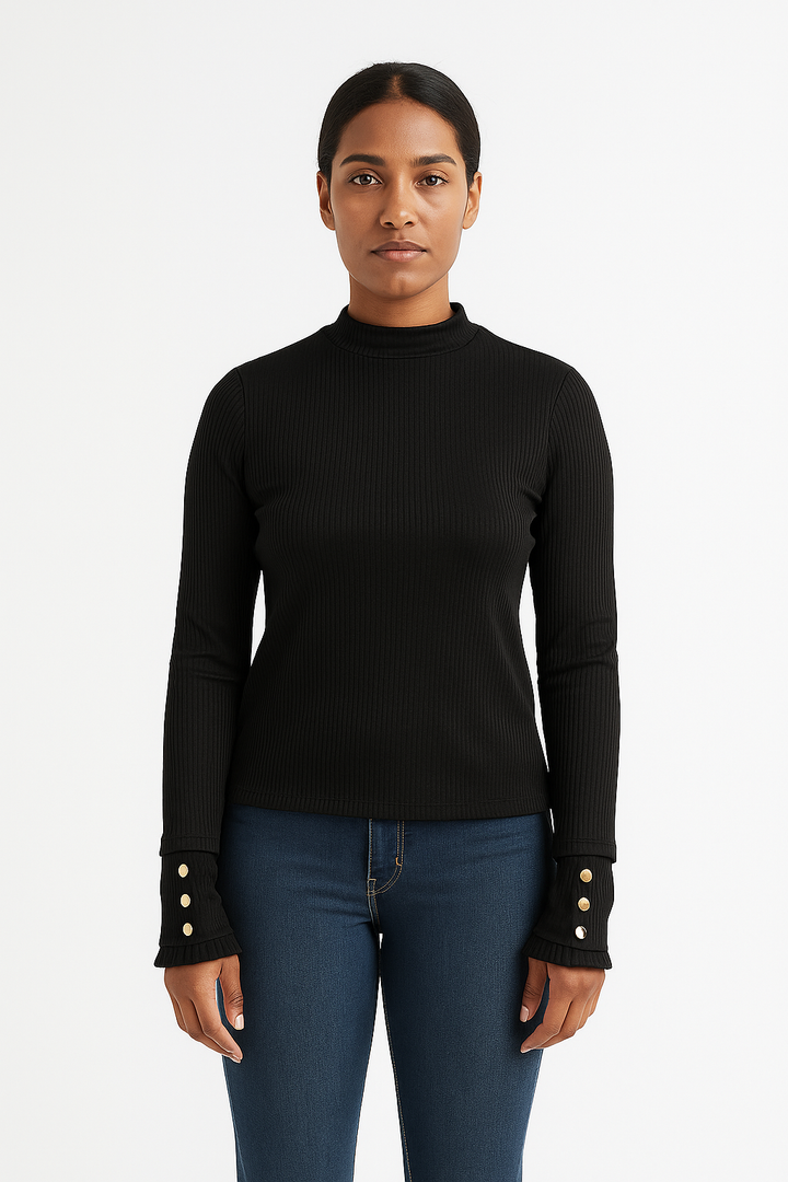 Blusa Canelada Preta Feminina Manga Longa com Botões