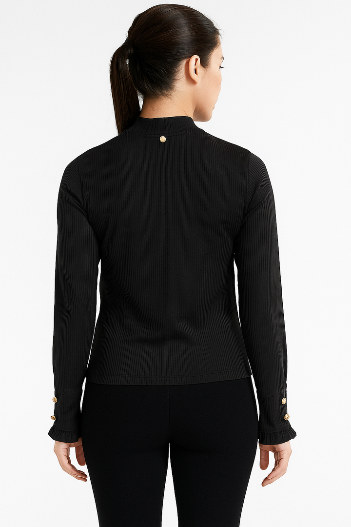Blusa Canelada Preta Feminina Manga Longa com Botões