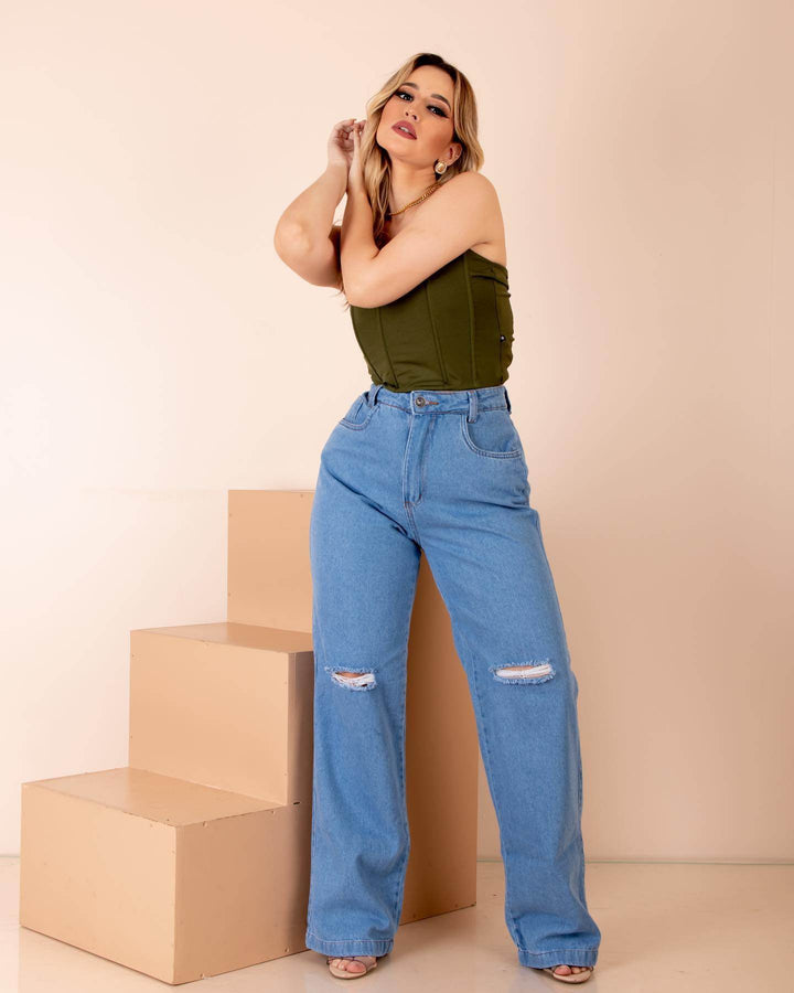 Calça Jeans Wide Leg Rasgo femme Leon - Leon Elegance