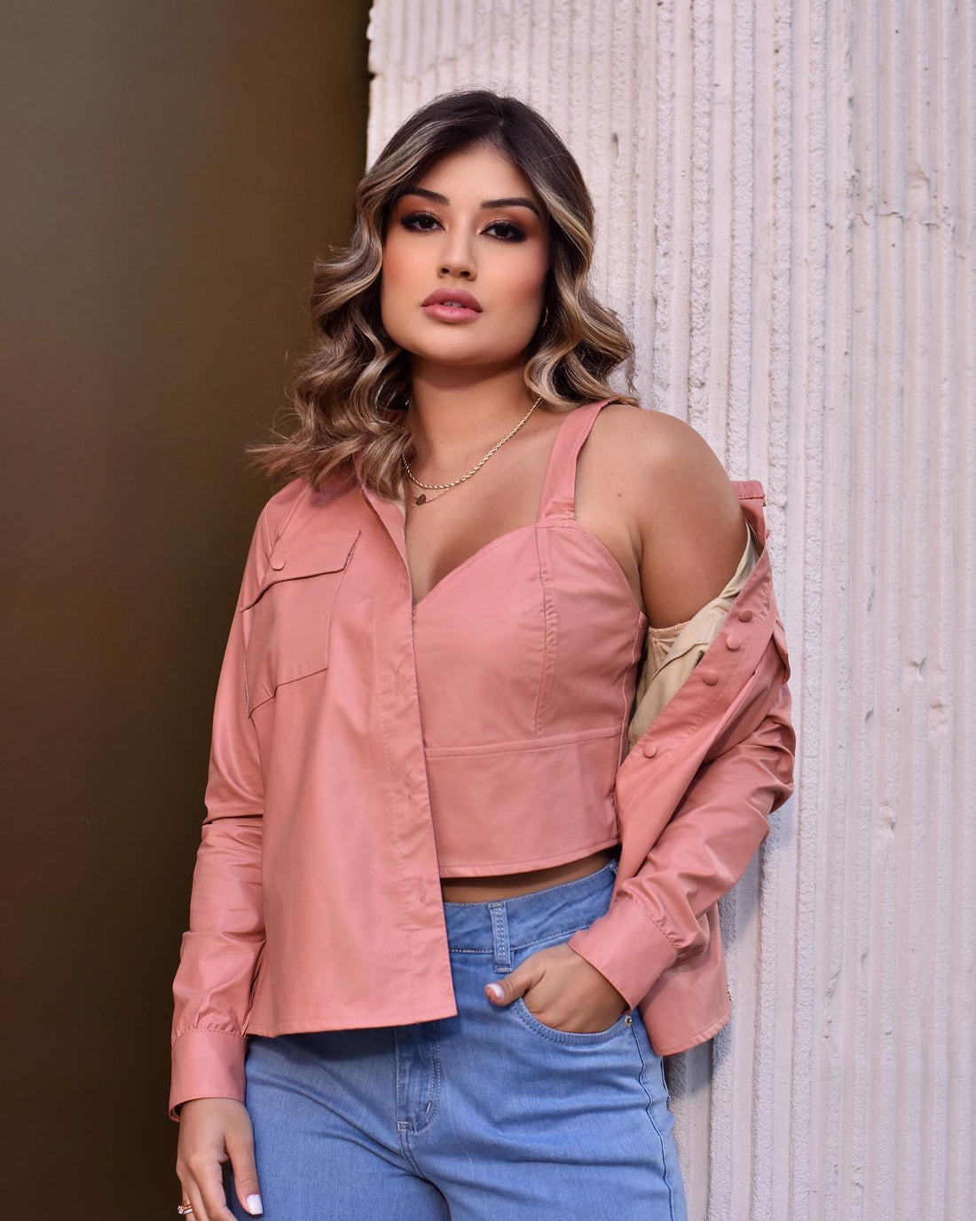 Camisa Feminina klepton Manga Longa Rosa Botões Forrados