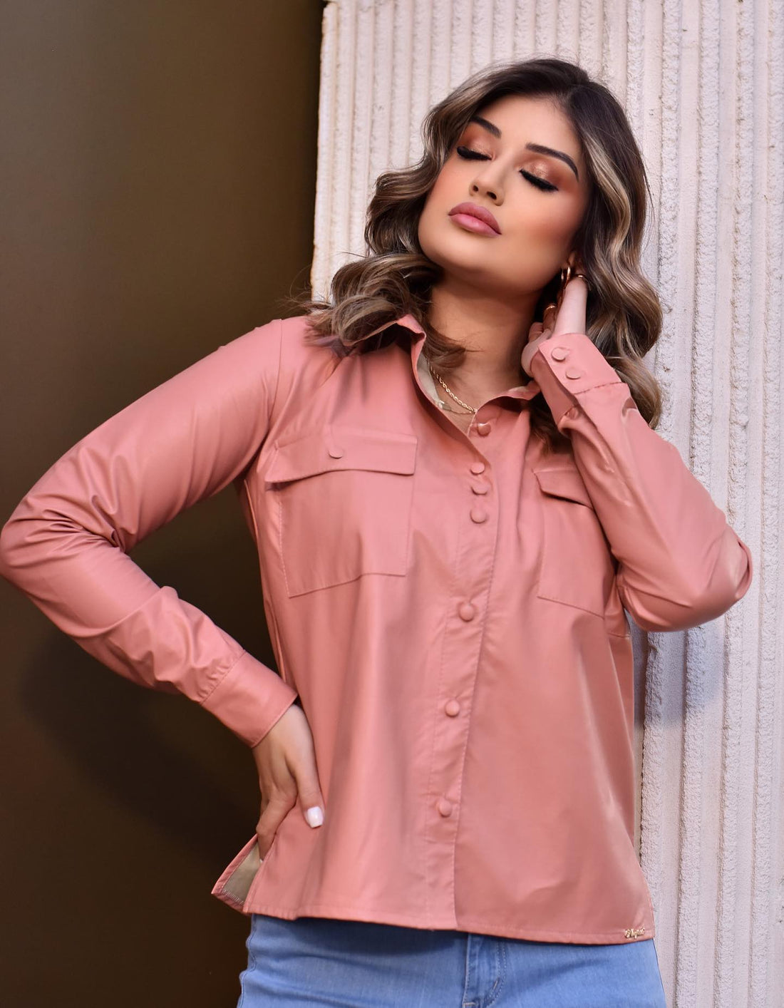 Camisa Feminina klepton Manga Longa Rosa Botões Forrados