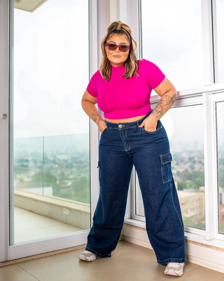Cropped Gola Alta Manga Curta Plus Size Fofofinha