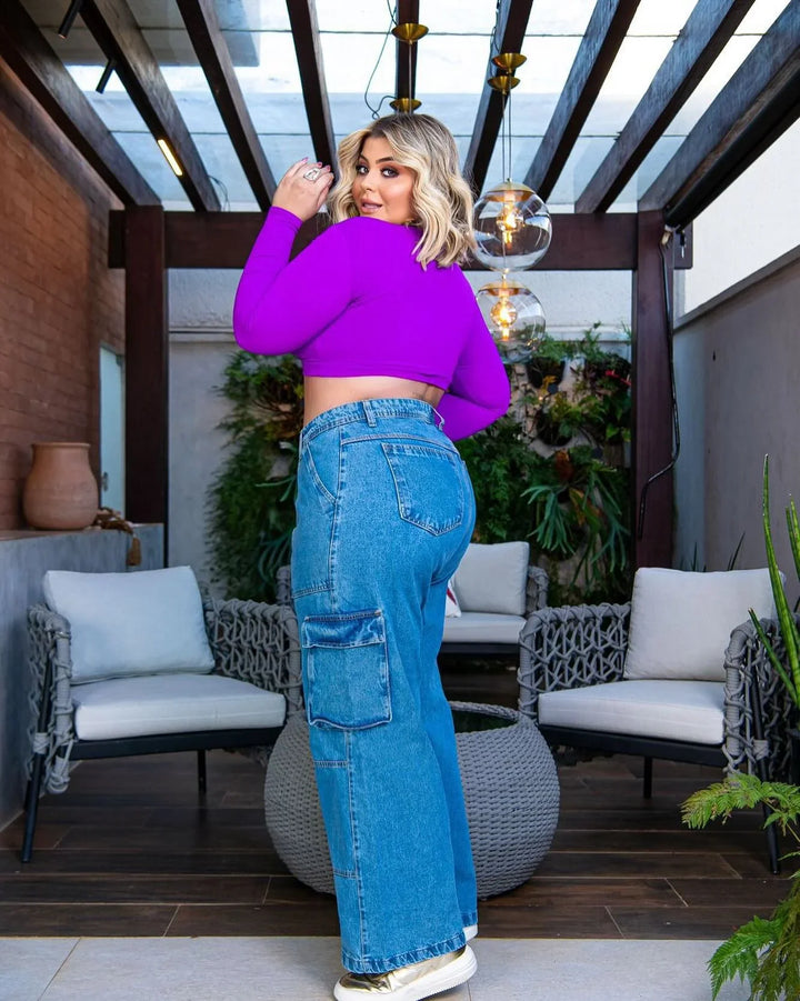 Calça Jeans Cargo Wide Leg Leon