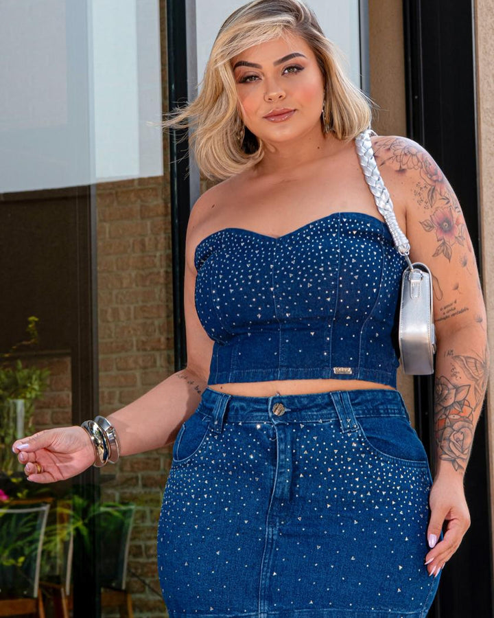 Cropped Jeans com Strass Plus Size Fofofinha
