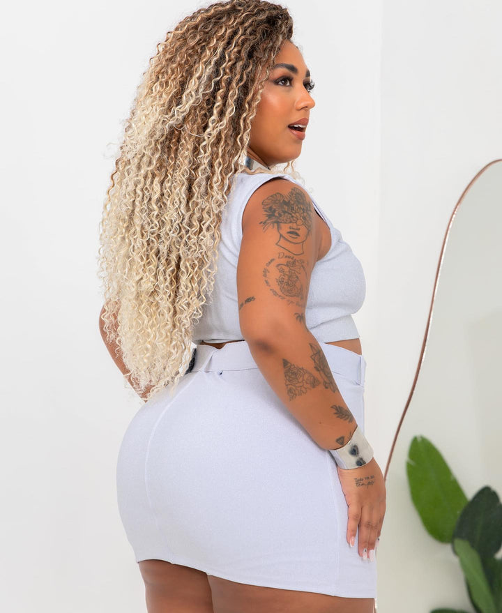 Conjunto Cropped com Saia Cinto Plus Size Fofofinha