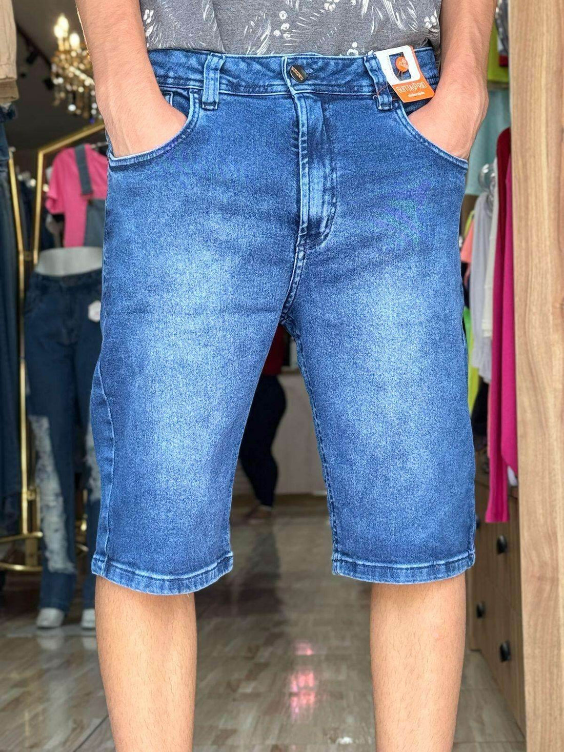 Bermuda Jeans Slim Azul Médio Leon - Leon Elegance