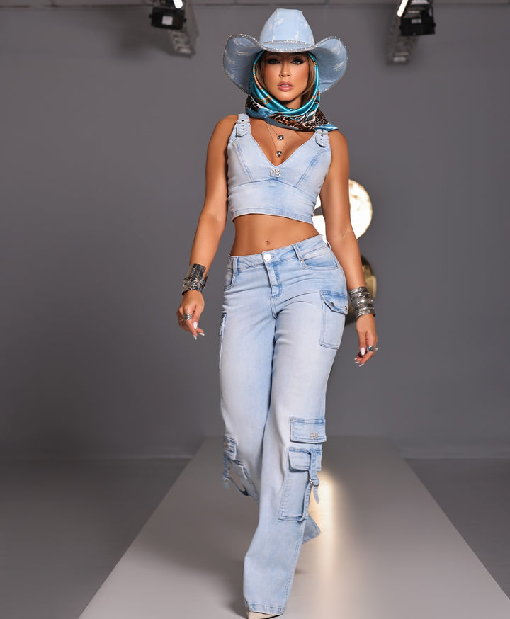 Calça Cargo Feminina Pit Bull Jeans  Azul Claro