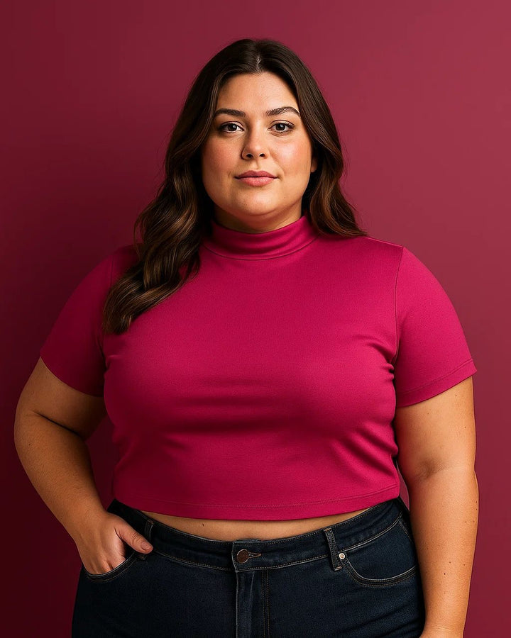 Cropped Gola Alta Manga Curta Plus Size Fofofinha