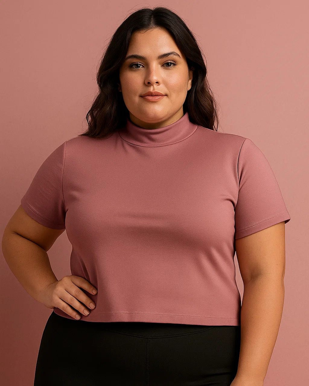 Cropped Gola Alta Manga Curta Plus Size Fofofinha