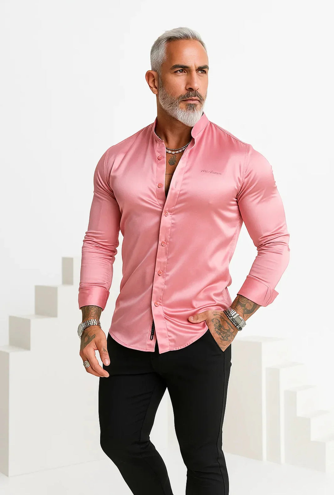 Camisa Longa Cetim Gola Padre Leon