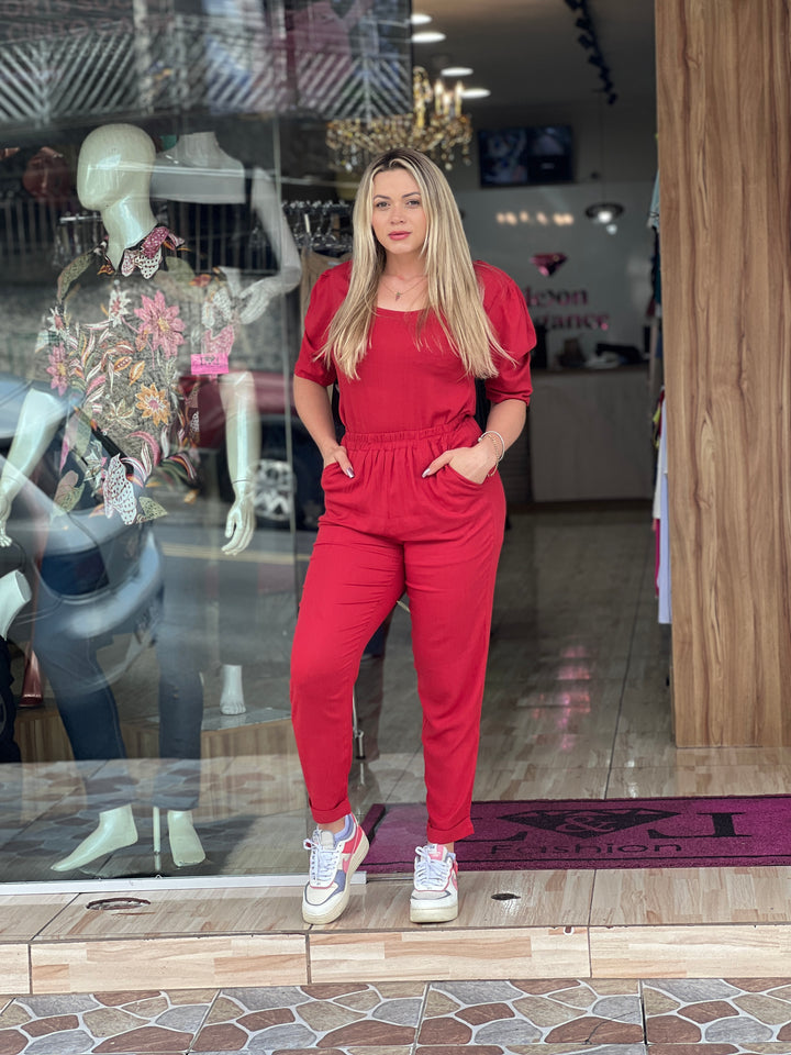 Conjunto Feminino com Manga Bufante e Calça Cós Elástico