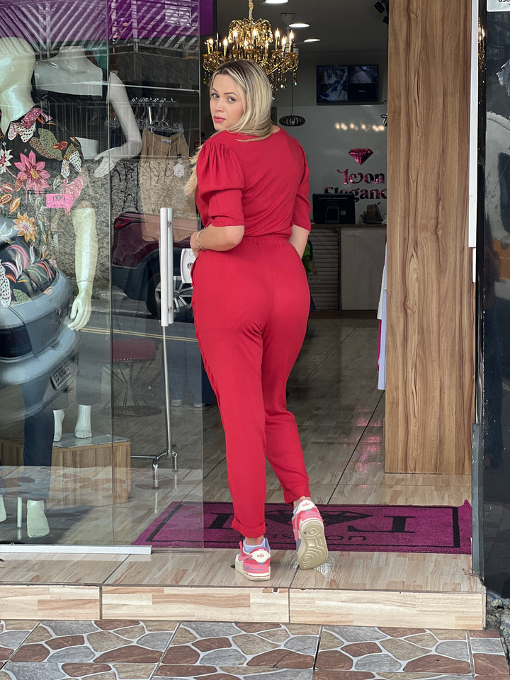 Conjunto Feminino com Manga Bufante e Calça Cós Elástico