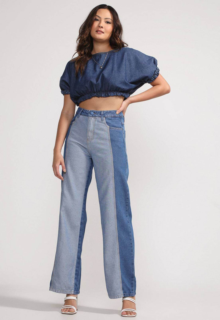 Calça Jeans Wide Leg Color Block Azul Leon - Leon Elegance