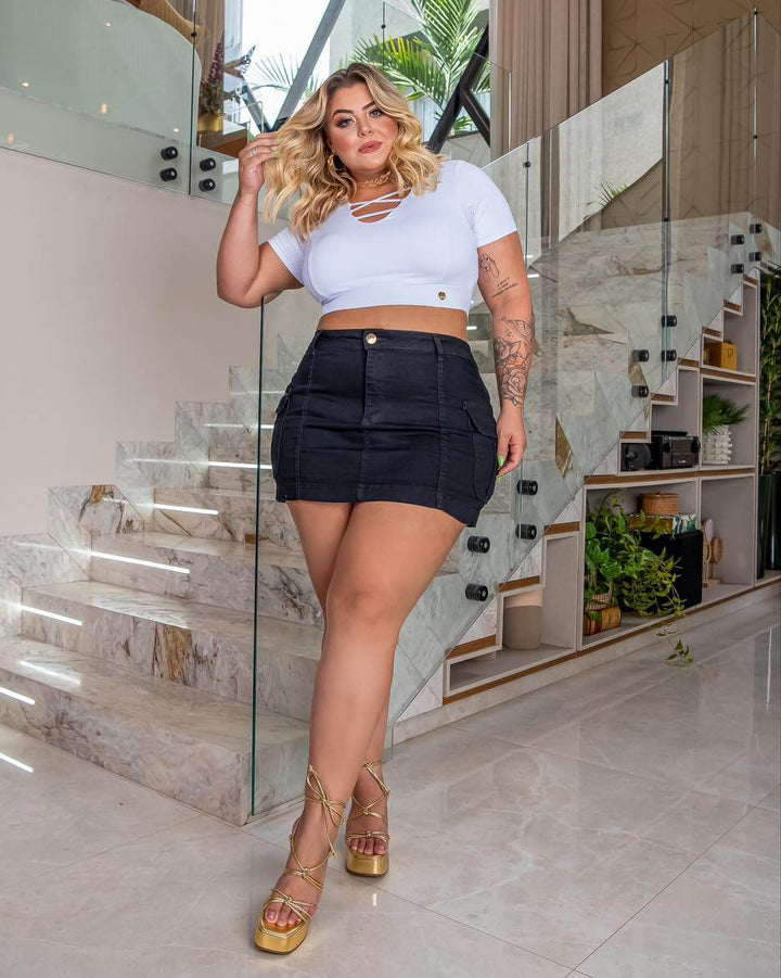 Mini Saia Jeans Super Black Cargo Leon - Leon Elegance