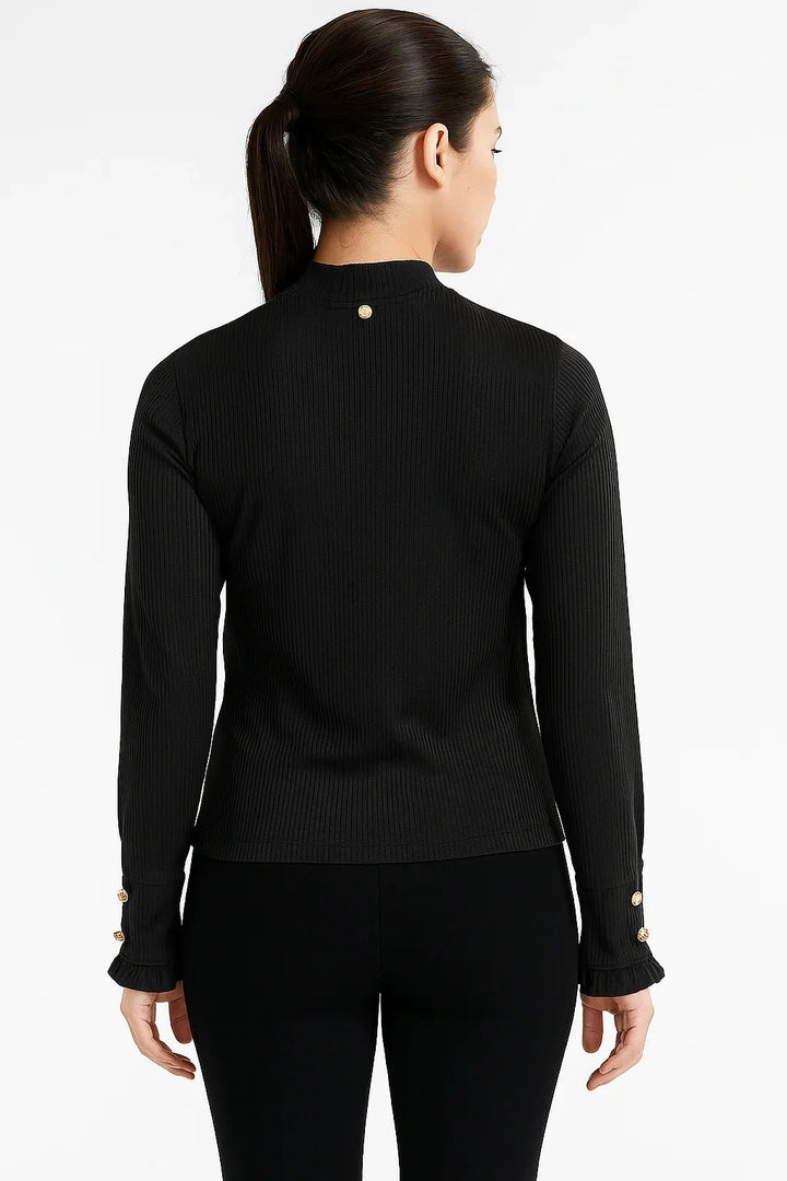 Blusa Canelada Preta Feminina Manga Longa com Botões - Leon Elegance