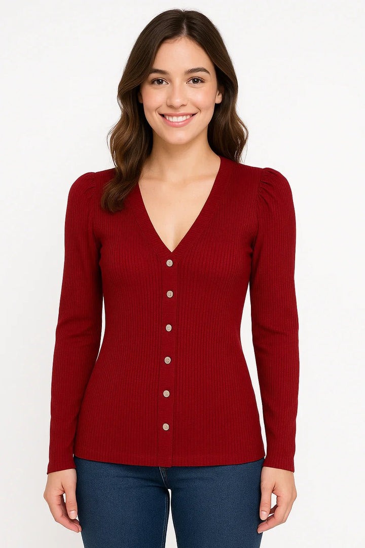 Blusa Feminina K2B Canelada com Botões e Manga Bufante - Leon Elegance