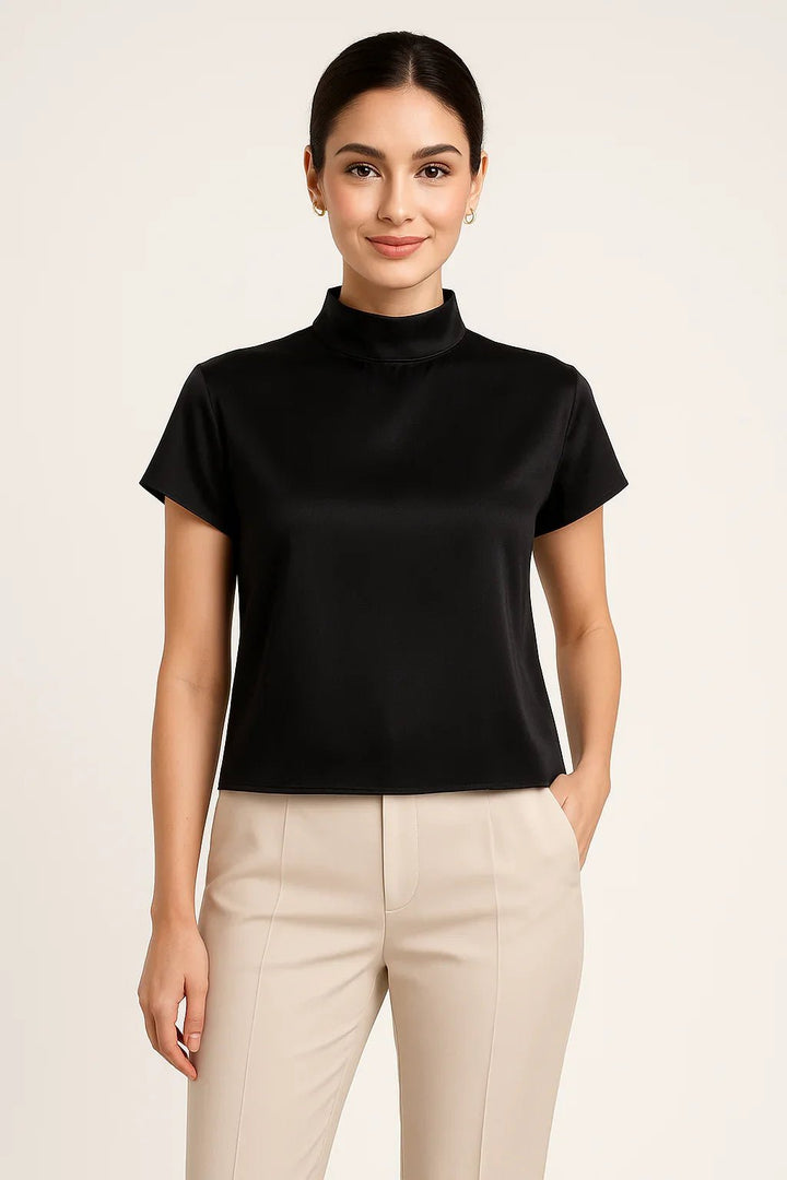 Blusa Feminina Preta Gola Alta Manga Curta - Leon Elegance