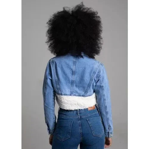 Jaqueta Cropped Jeans Bicolor Pelúcia Leon