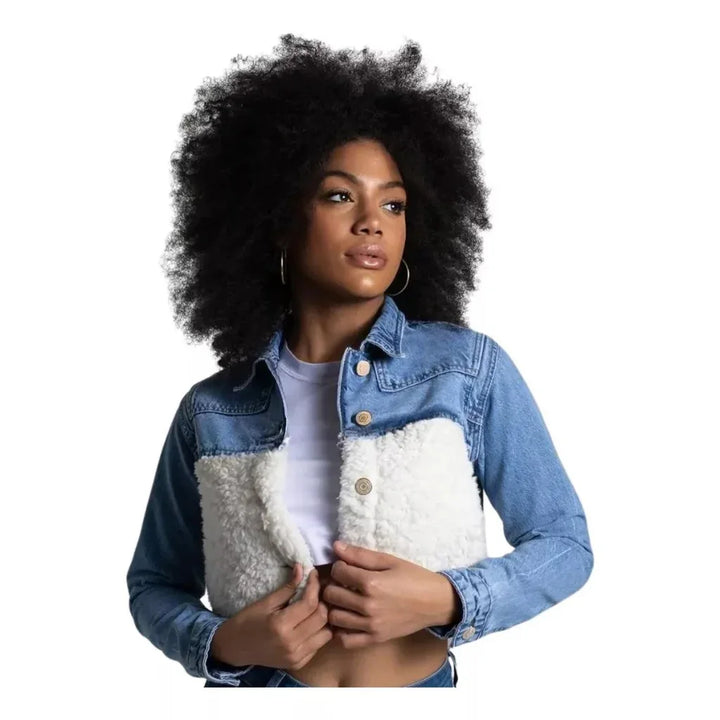 Jaqueta Cropped Jeans Bicolor Pelúcia Leon