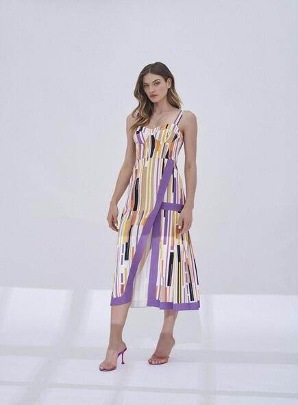 Vestido Midi Pregas Listrado Geométricas Leon - Leon Elegance