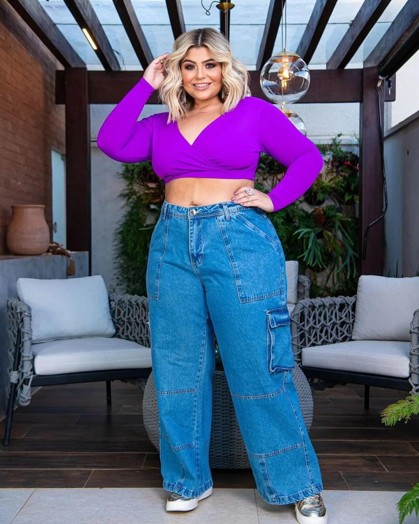 Calça Cargo Jeans Azul FoFinha Plus Size - Leon Elegance