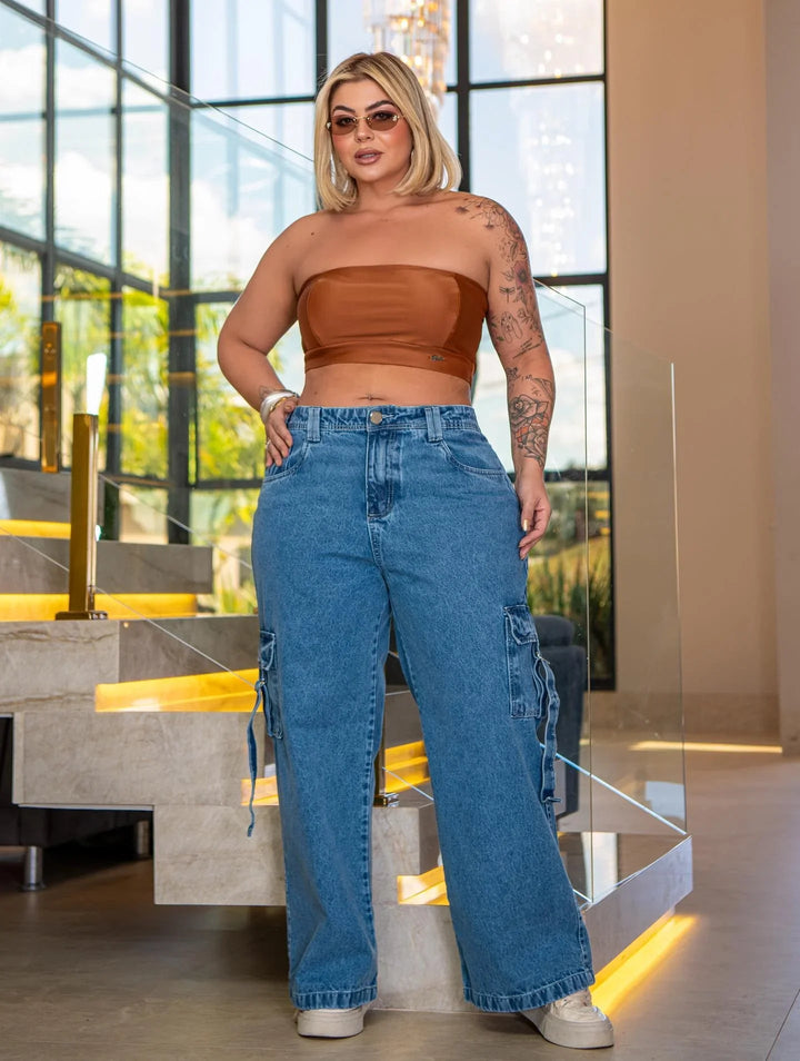 Calça Cargo Jeans Azul FoFinha Plus Size Feminina - Leon Elegance