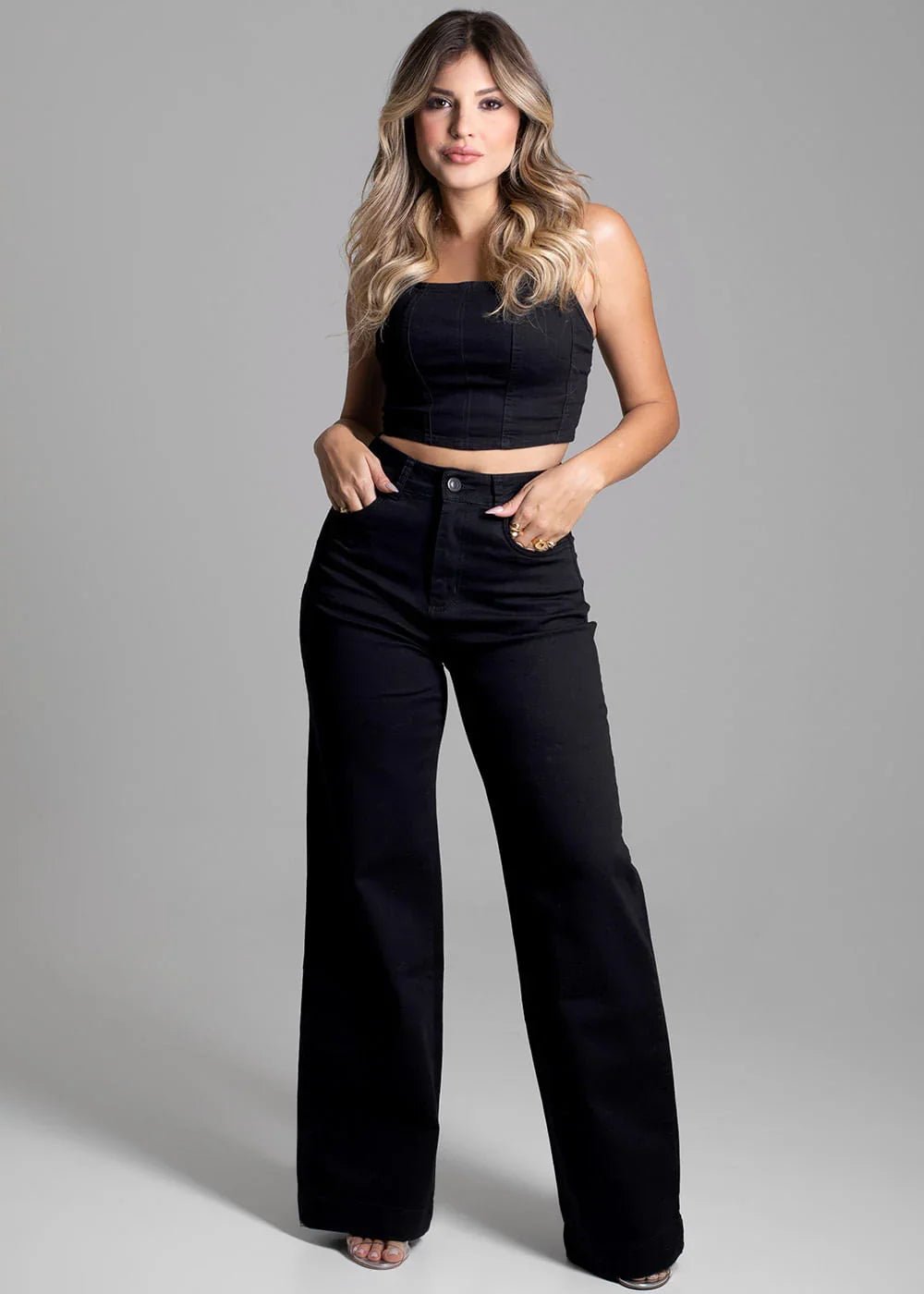 Calça de Sarja Wide Leg Black Luxe Leon - Leon Elegance