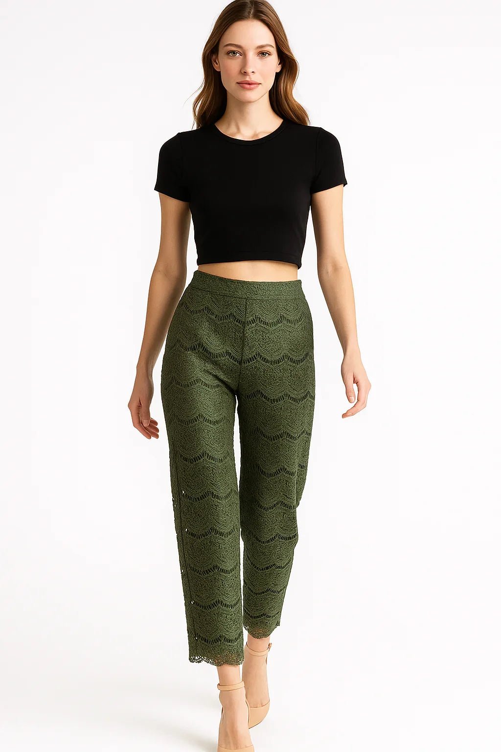 Calça Feminina Verde de Renda Reta com Barra Delicada - Leon Elegance