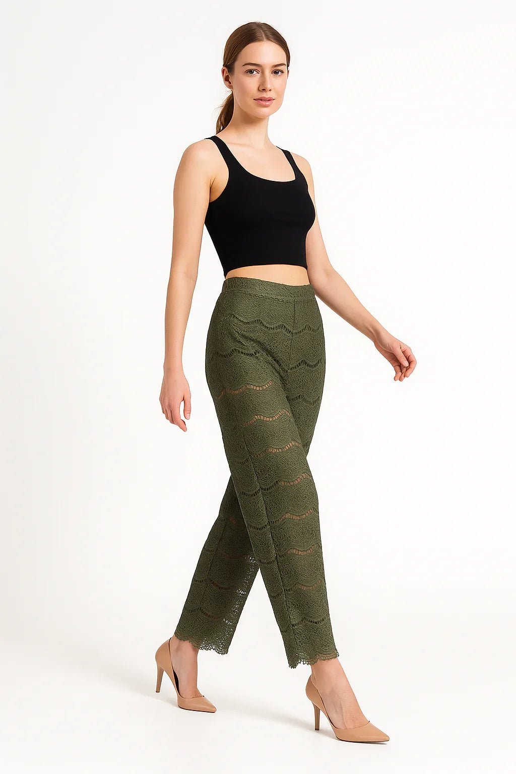 Calça Feminina Verde de Renda Reta com Barra Delicada - Leon Elegance