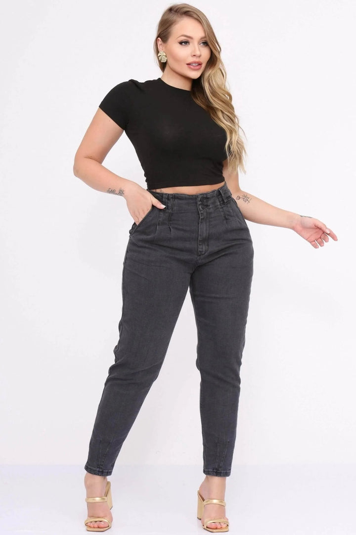 Calça Jeans Feminina Mom Cintura Alta Grafite sol - Leon Elegance