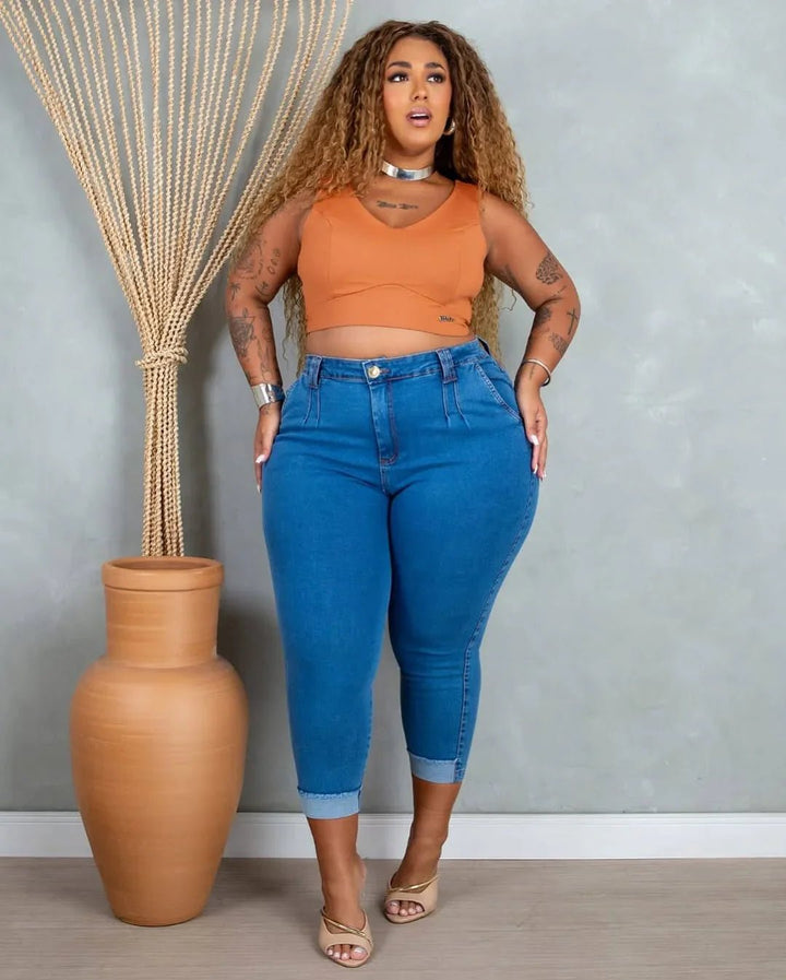 Calça Jeans Feminina Plus Size Cintura Alta fofinha - Leon Elegance