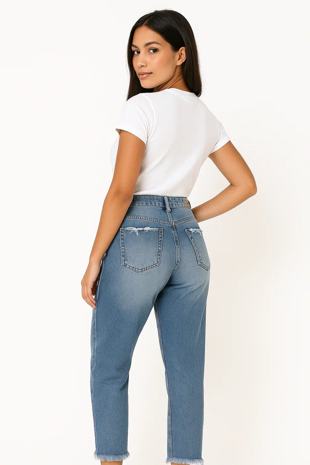 Calça Jeans Feminina Sawary Destroyed Reta Azul Médio - Leon Elegance