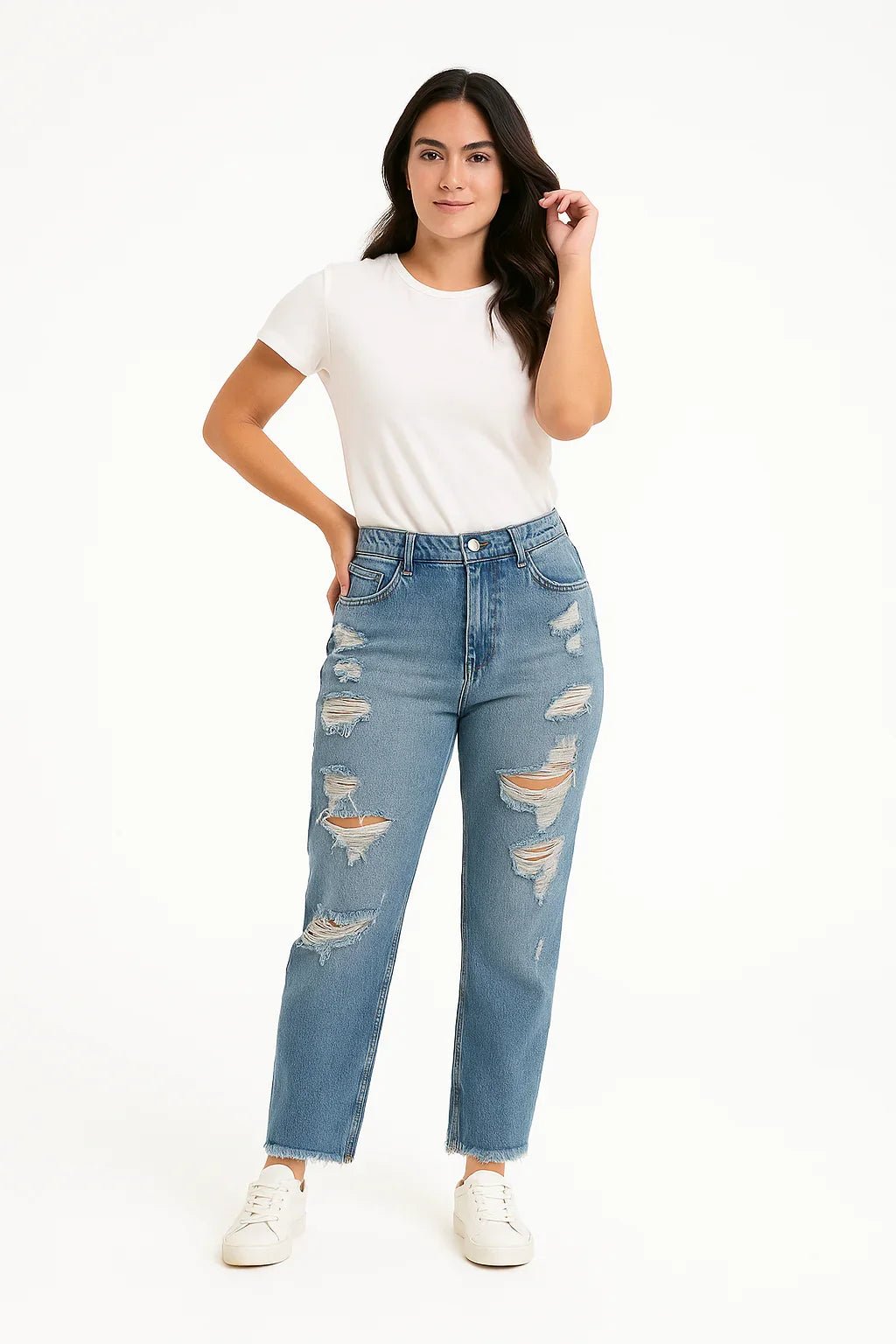 Calça Jeans Feminina Sawary Destroyed Reta Azul Médio - Leon Elegance