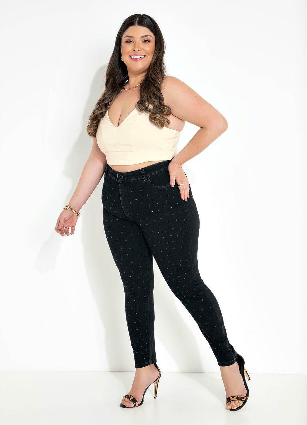 Calça Jeans Feminina Sawary Plus Size Preta Strass - Leon Elegance