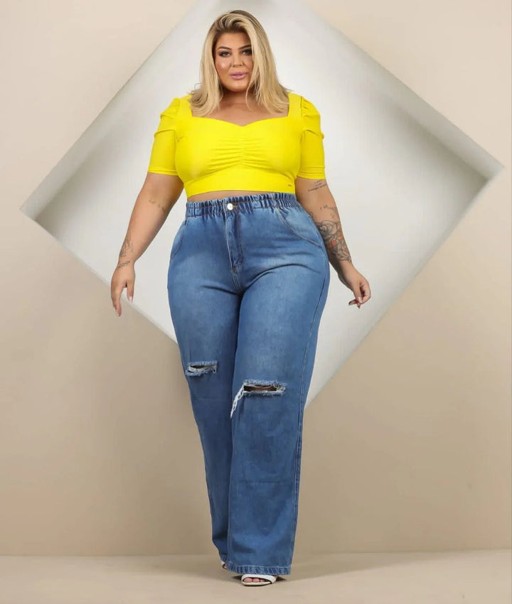 Calça Jeans Plus Size Fofinha Wide Leg Destroyed - Leon Elegance