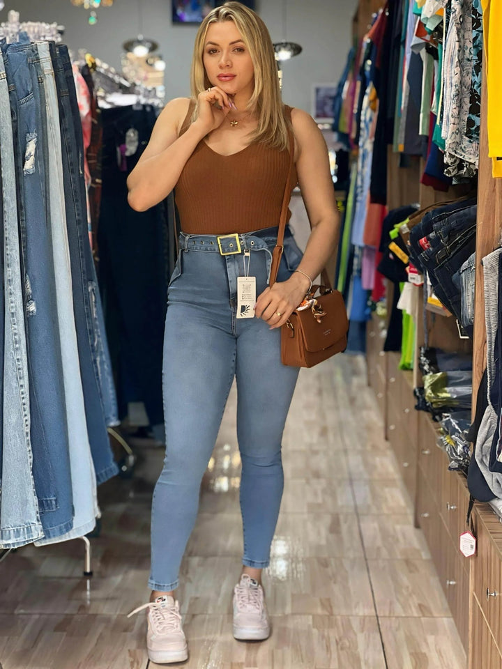 Calça Jeans Skinny Com Cinto Belted sol - Leon Elegance