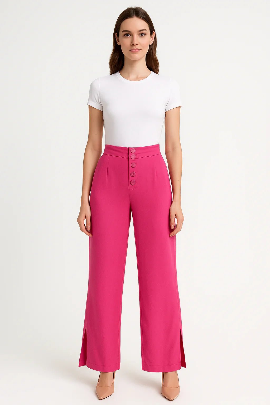 Calça Pantalona Feminina Rosa com Botões Frontais e Fenda Lateral - Leon Elegance