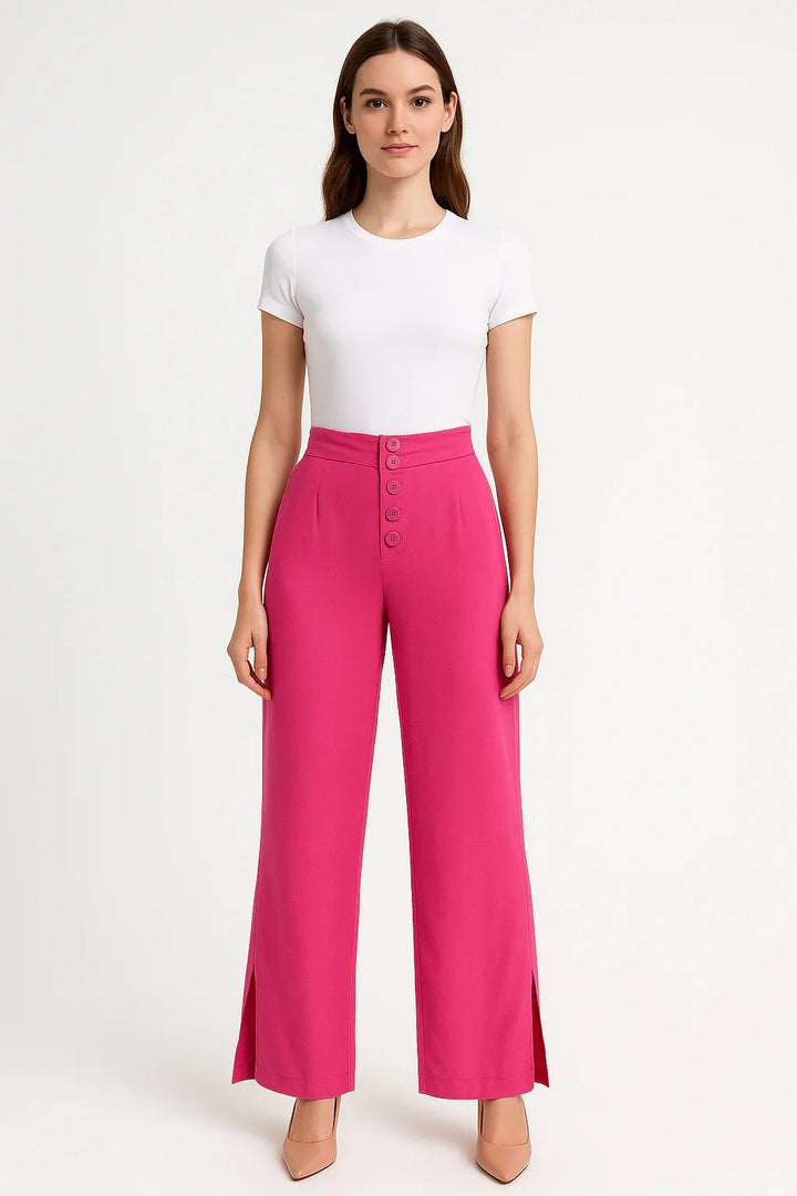 Calça Pantalona Feminina Rosa com Botões Frontais e Fenda Lateral - Leon Elegance