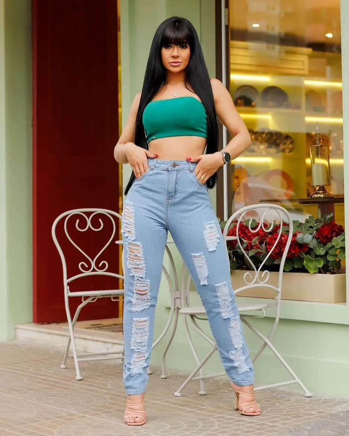 Calça Wide Leg Destroyed Azul Claro Leon - Leon Elegance