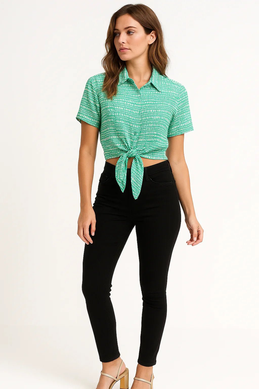 Camisa Cropped Feminina Verde Estampada com Nó Frontal - Leon Elegance