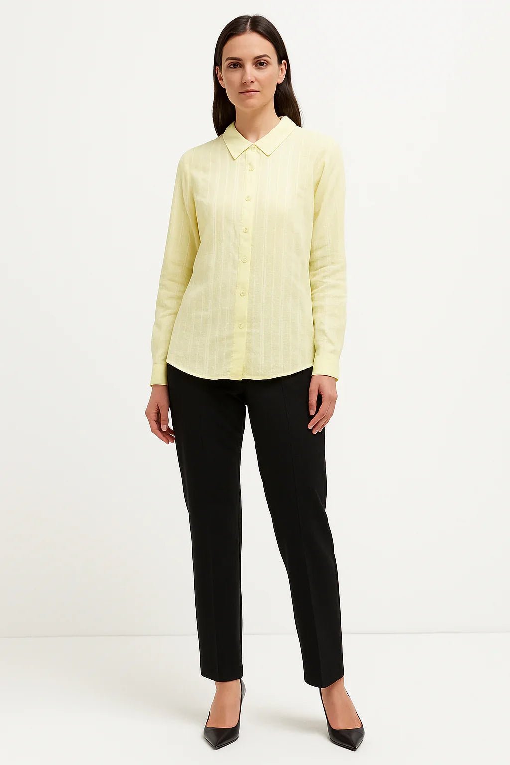 Camisa Feminina Amarela Elegante de Manga Longa com Botões - Leon Elegance