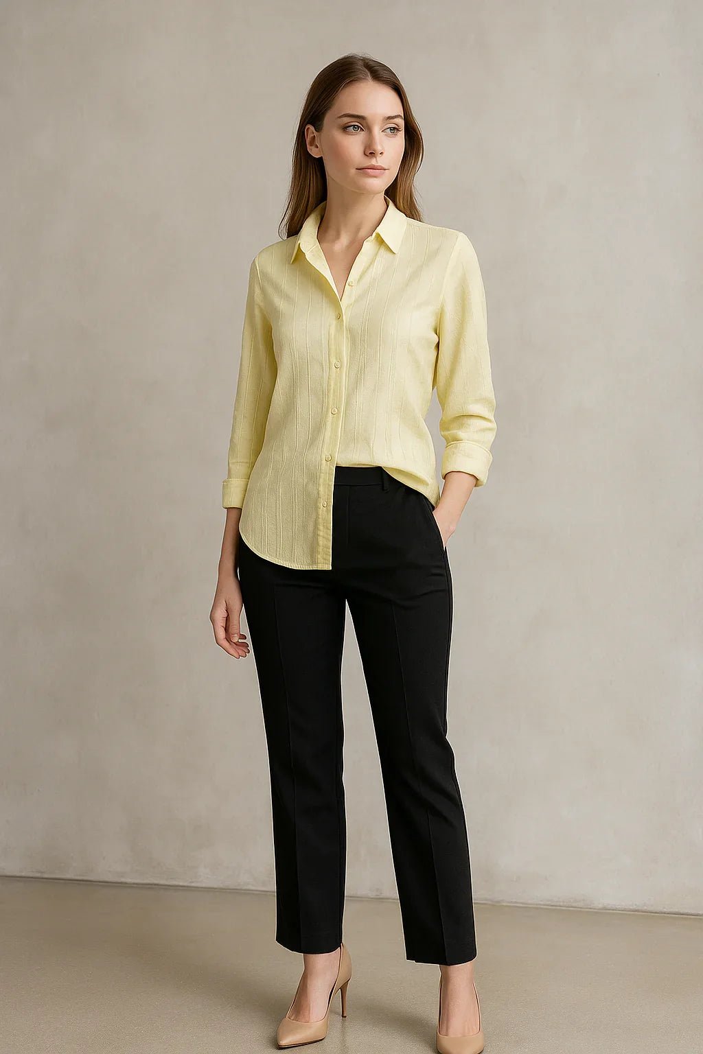 Camisa Feminina Amarela Elegante de Manga Longa com Botões - Leon Elegance