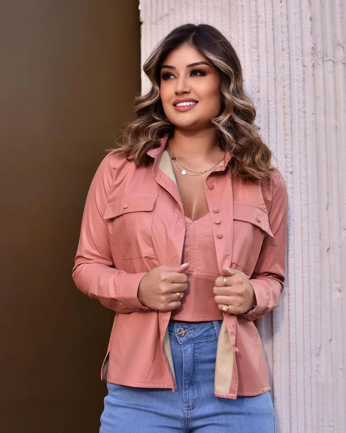 Camisa Feminina klepton Manga Longa Rosa Botões Forrados - Leon Elegance