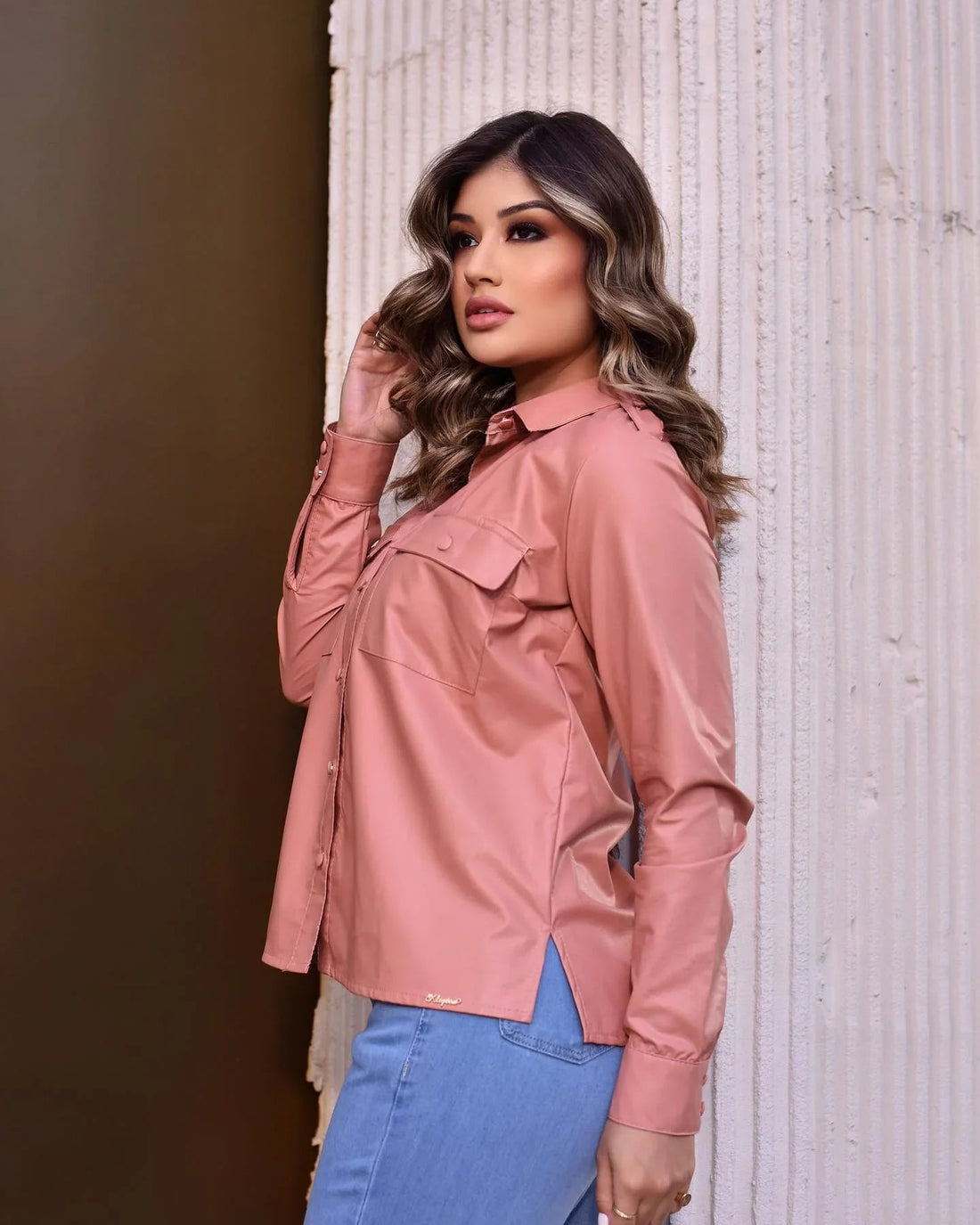 Camisa Feminina klepton Manga Longa Rosa Botões Forrados - Leon Elegance